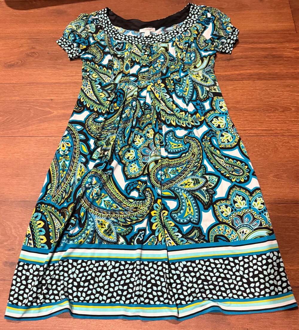 dressbarn Women Blue Green Paisley Pleated Short Sleeve Midi Dress Size 12
